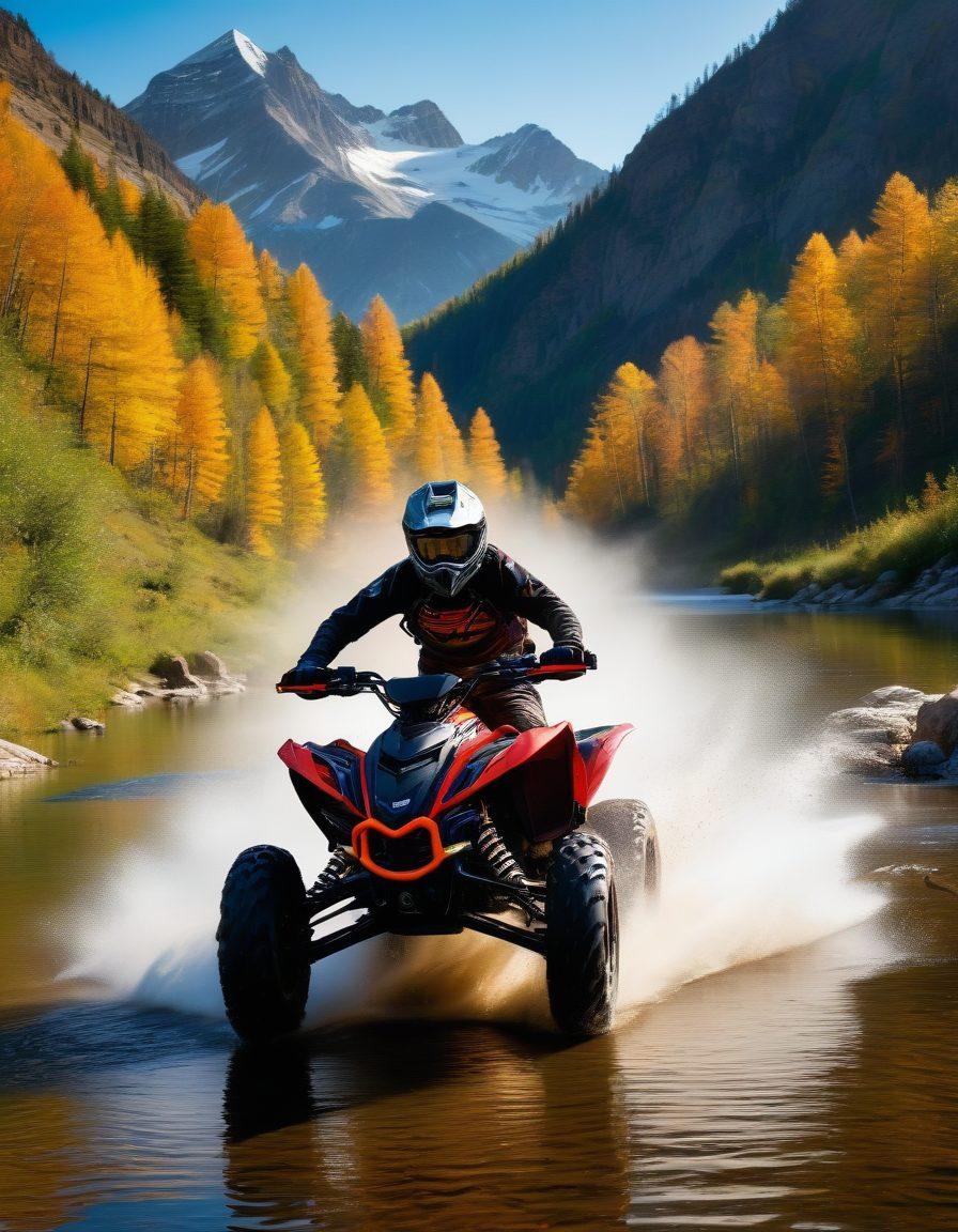 A thrilling outdoor scene showcasing various powersport vehicles like ATVs, jet skis, and dirt bikes in action, surrounded by breathtaking landscapes of mountains and lakes. Include an adventurous rider equipped with vibrant gear, smiling and fully engaged in the experience. The atmosphere should radiate excitement and freedom, inviting enthusiasts to join the adventure. super-realistic. vibrant colors. dynamic composition.
