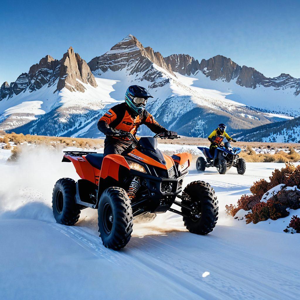A thrilling outdoor landscape showcasing a vibrant scene with an ATV racing over rugged terrain on one side and a snowmobile gliding through pristine snow on the other. In the background, a clear blue sky meets majestic mountains, with a diverse group of adventurers enjoying the powersport activities. The image should evoke excitement and adventure, perfect for outdoor enthusiasts. super-realistic. vibrant colors. white background.