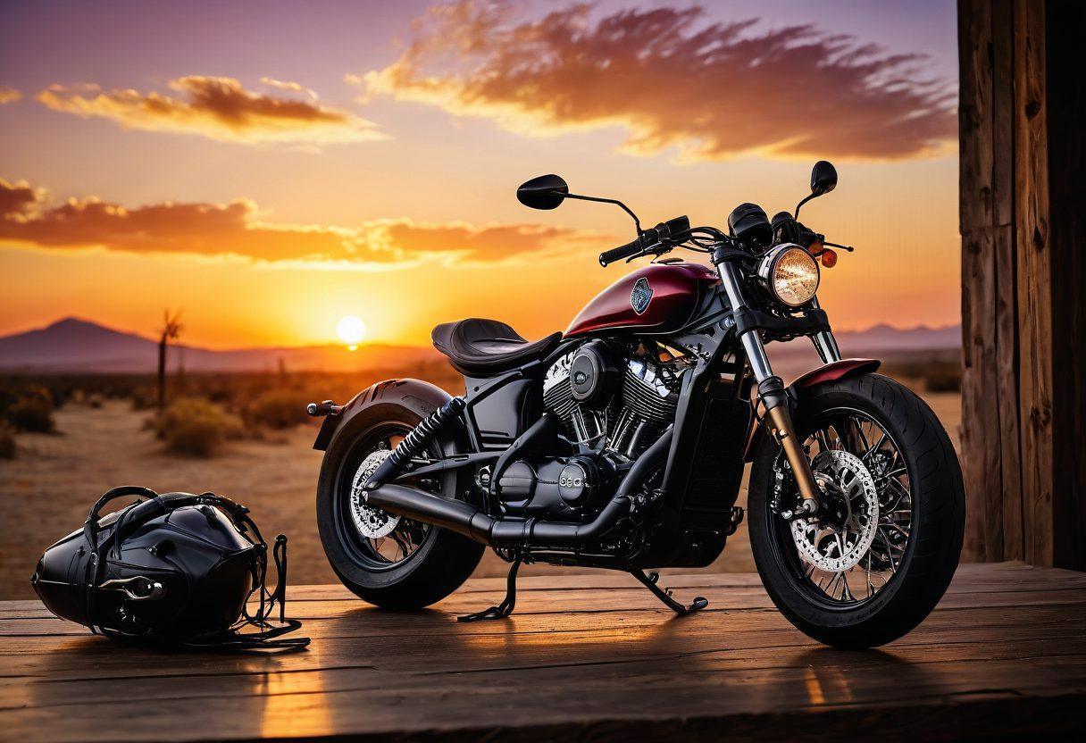 A stunning display of diverse motorcycle accessories and apparel arranged artistically on a wooden table. Include items like helmets, gloves, jackets, and riding gear with emphasis on texture and detail. In the background, a powerful motorcycle stands against a sunset, enhancing the adventurous spirit. Incorporate a dynamic angle for excitement. super-realistic. vibrant colors. dramatic lighting.